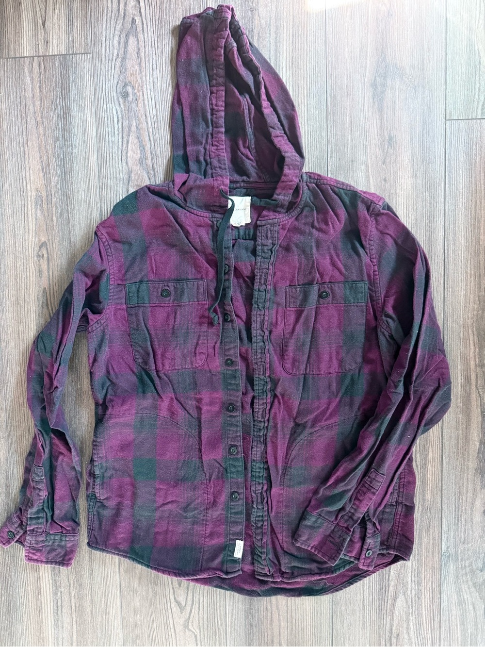 aerie Burgundy and Black Plaid Hooded Shirt